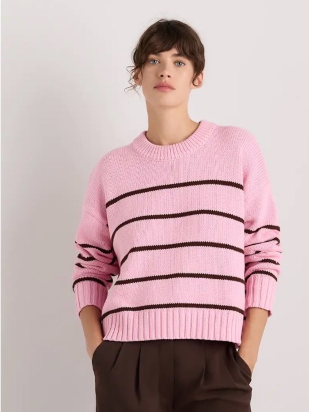 Quince 100%Organic Cotton Striped Crew Sweater Bubblegum/Fudge Mariner Stripe XS